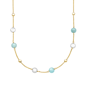 Gelbgold Collier mit Perlmutt und blauem Quarz
