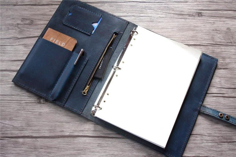 Personalized Leather Portfolio with Zipper Distressed Blue – Bild 6